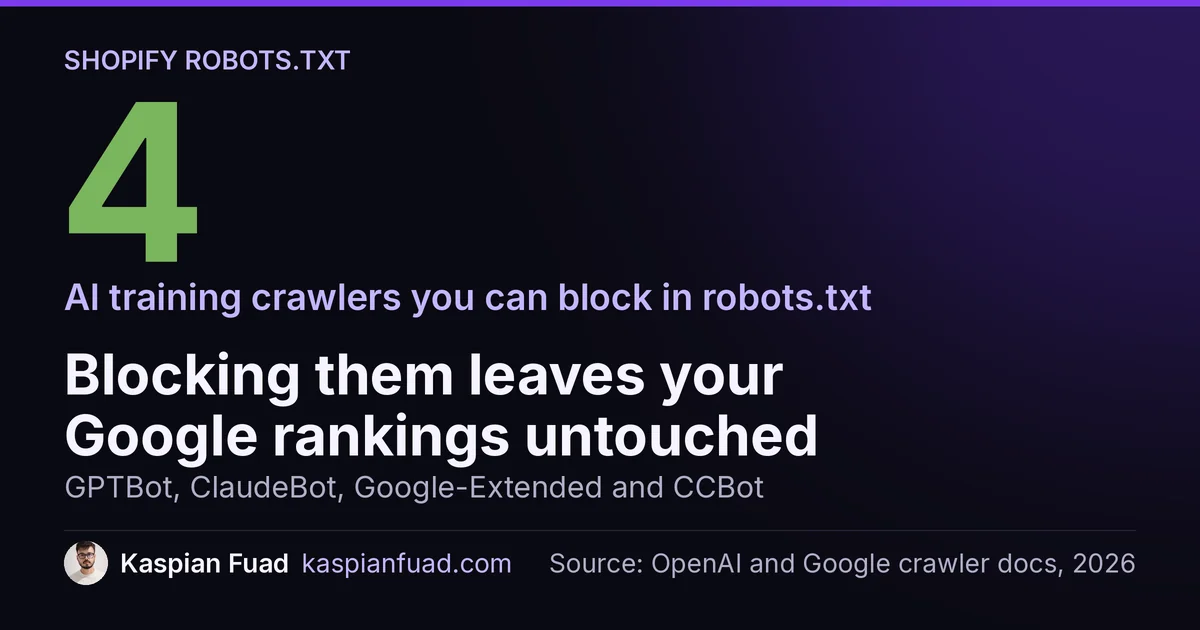 4 AI training crawlers a Shopify store can block in robots.txt.liquid with no SEO cost, while answer bots stay allowed