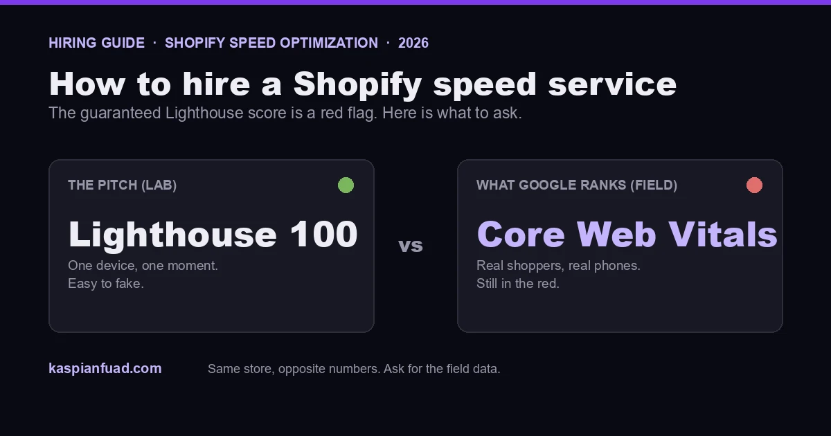 A guaranteed 95+ Lighthouse lab score next to a real-user Core Web Vitals INP that is still in the red