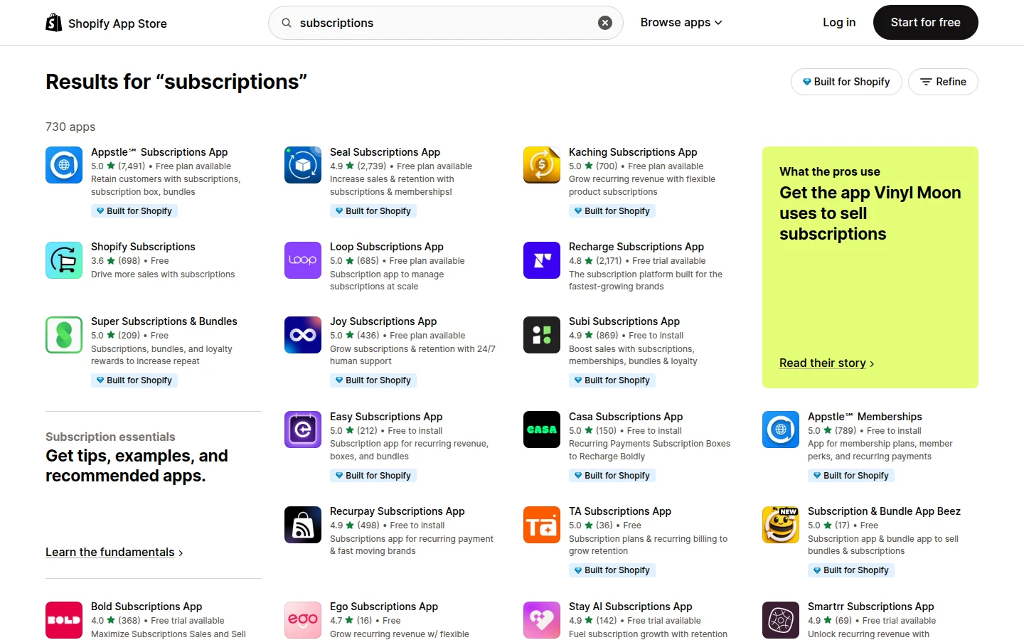 Shopify App Store search showing subscription apps including Loop and Recharge, the platforms compared in this review