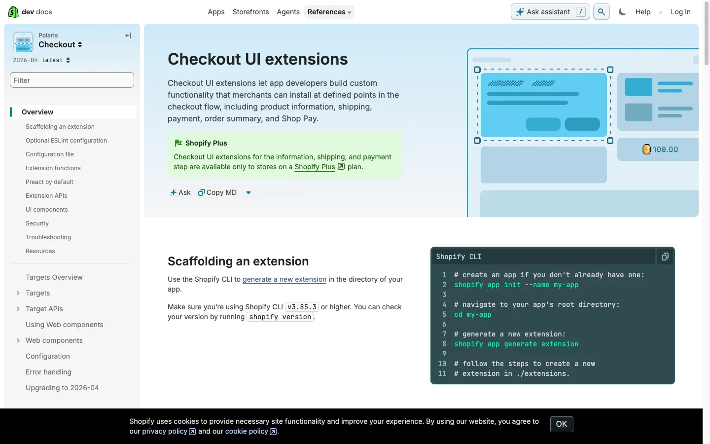 Shopify dev docs Checkout UI Extensions reference page showing the Polaris-based component framework that replaces checkout.liquid customizations on Shopify Plus and is partially available to non-Plus stores