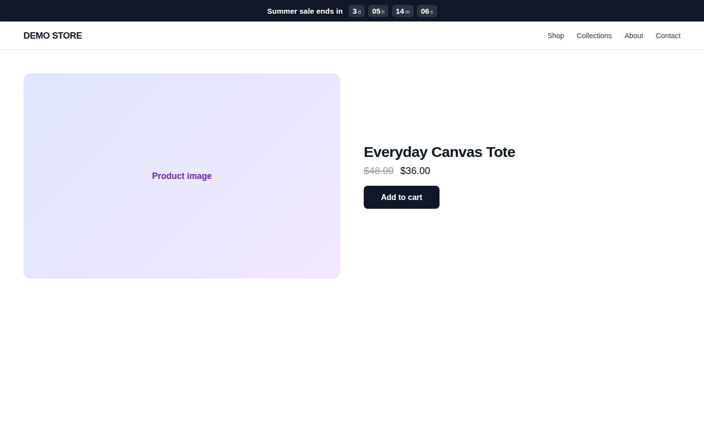 Shopify countdown timer bar rendered above a store header and product page, built with the copy-paste Liquid section from this guide