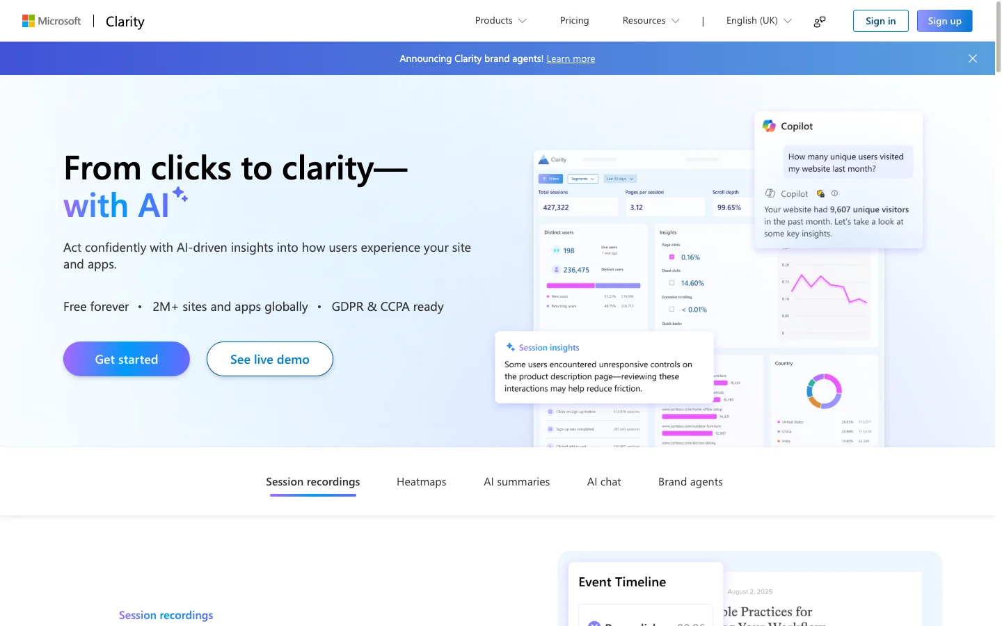 Microsoft Clarity dashboard landing page showing the free heatmaps and session-recordings tool I install on every Shopify store on Day 1 of the audit