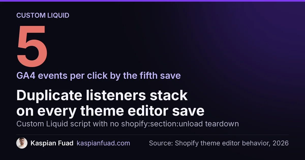 A Custom Liquid script with no teardown fires 5 GA4 events per click by the fifth theme editor save