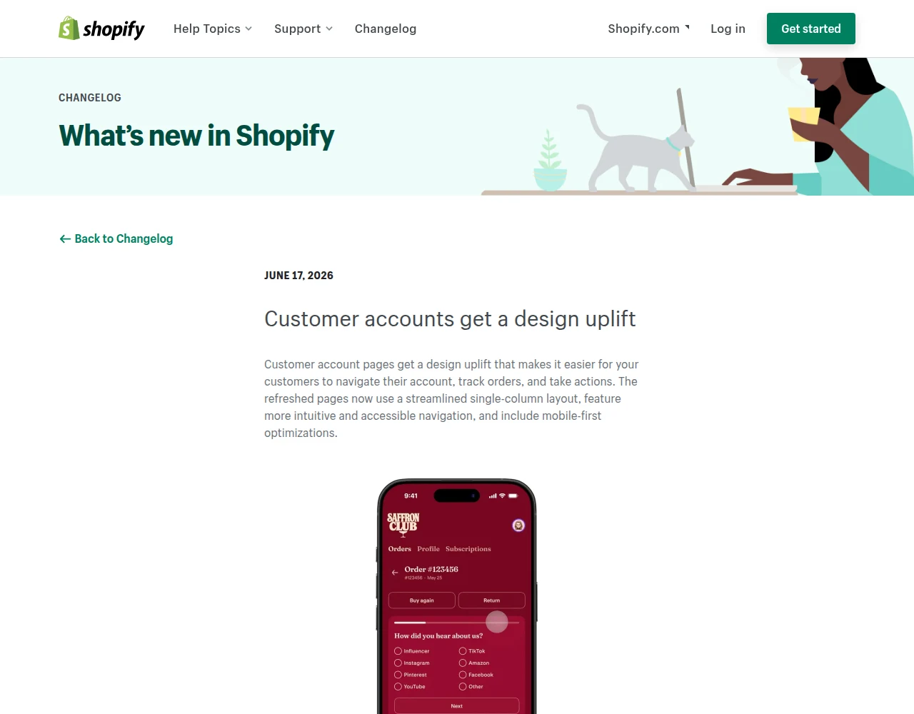 Shopify’s June 17, 2026 changelog announcing the customer accounts design uplift: single-column layout, inline mobile navigation, and refreshed order pages (source: changelog.shopify.com)