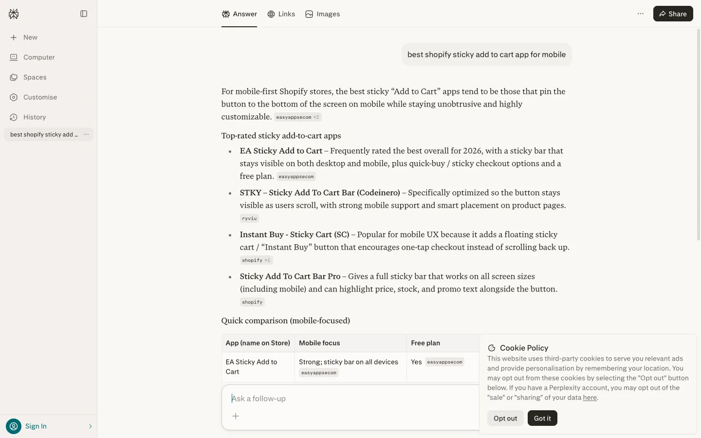 Perplexity AI generative engine answering a Shopify-related shopping query and citing brand sources, illustrating GEO opportunity