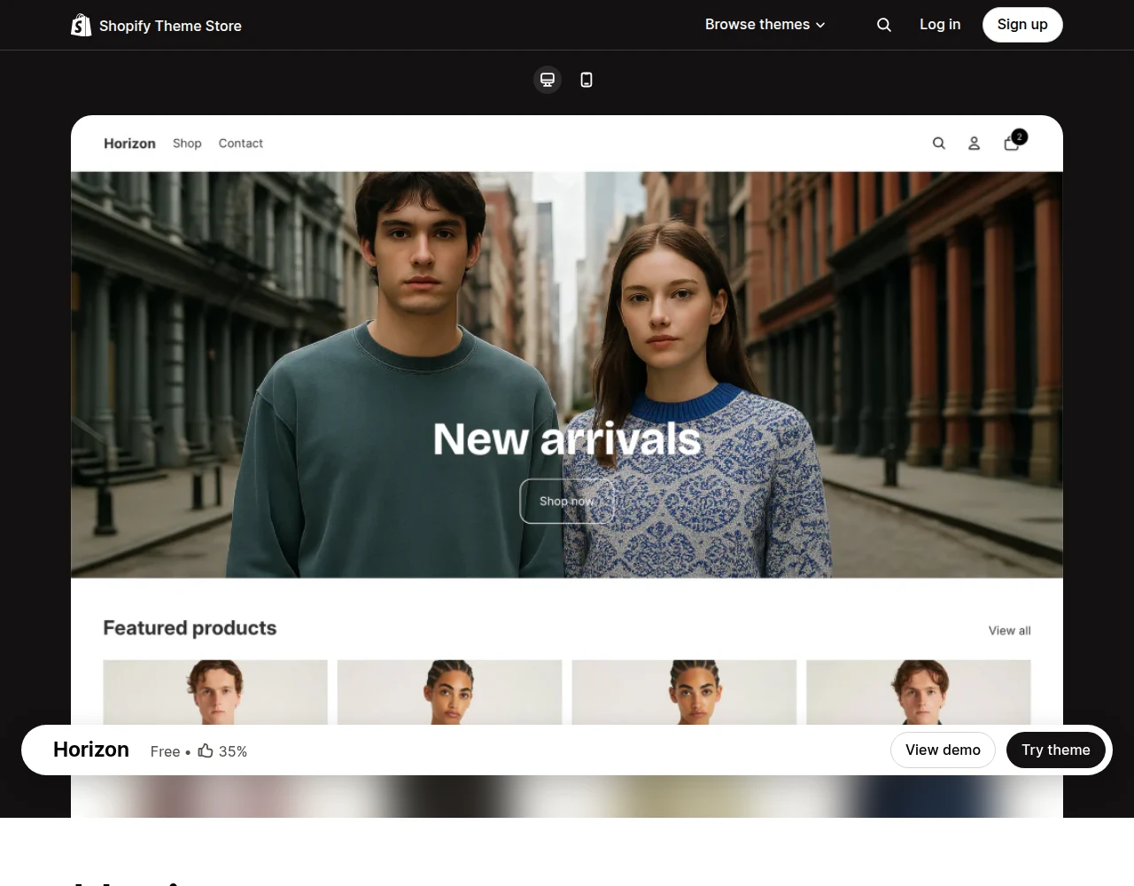 The Horizon theme on the Shopify Theme Store, Shopify’s blocks-first flagship free theme family (source: themes.shopify.com)