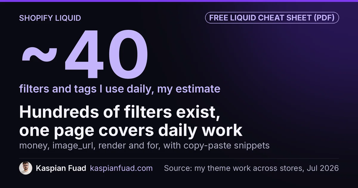 Shopify Liquid cheat sheet: about 40 filters and tags cover daily theme work, on one printable page