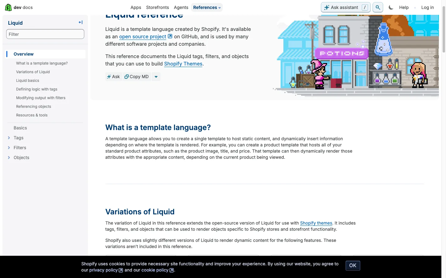 Shopify Liquid official reference documentation showing the complete object, tag and filter API used to build Shopify themes