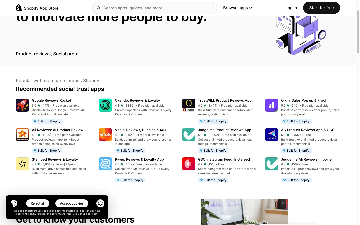 Shopify App Store category page showing trust badge and social proof apps with monthly subscription fees