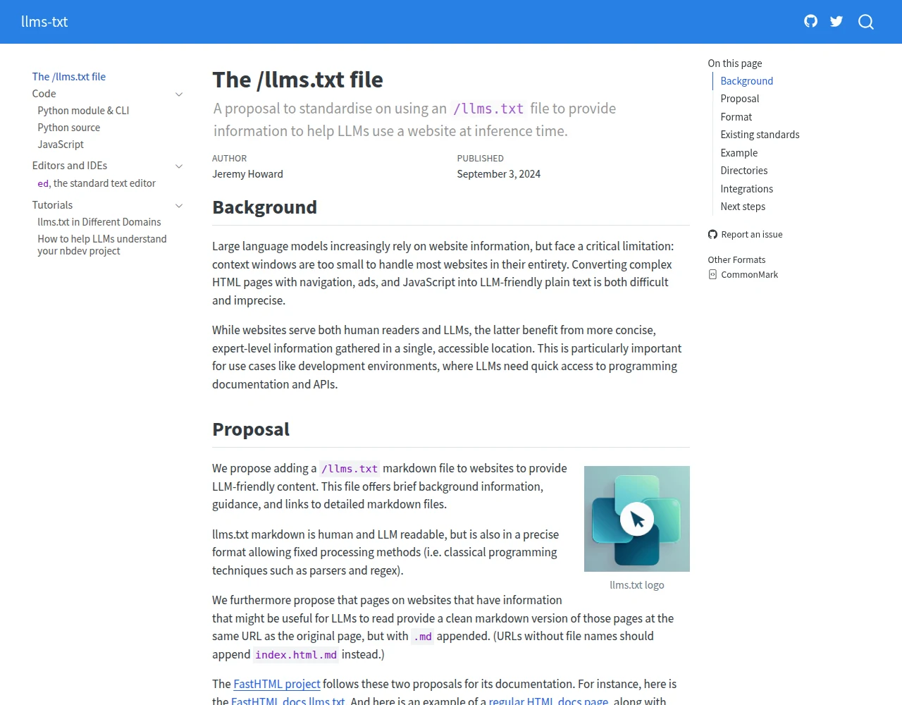 The llms.txt proposal at llmstxt.org, published by Jeremy Howard in September 2024, describing the Markdown format and its goal of helping LLMs use a site at inference time (source: llmstxt.org)