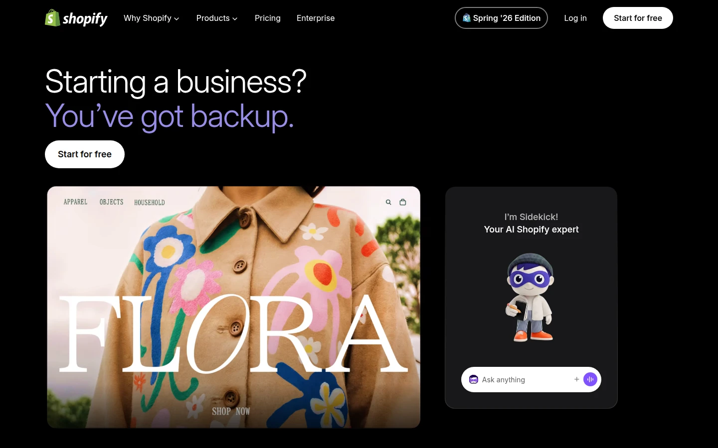 Shopify’s AI assistant Sidekick on shopify.com, the front door to Shopify Magic, in 2026