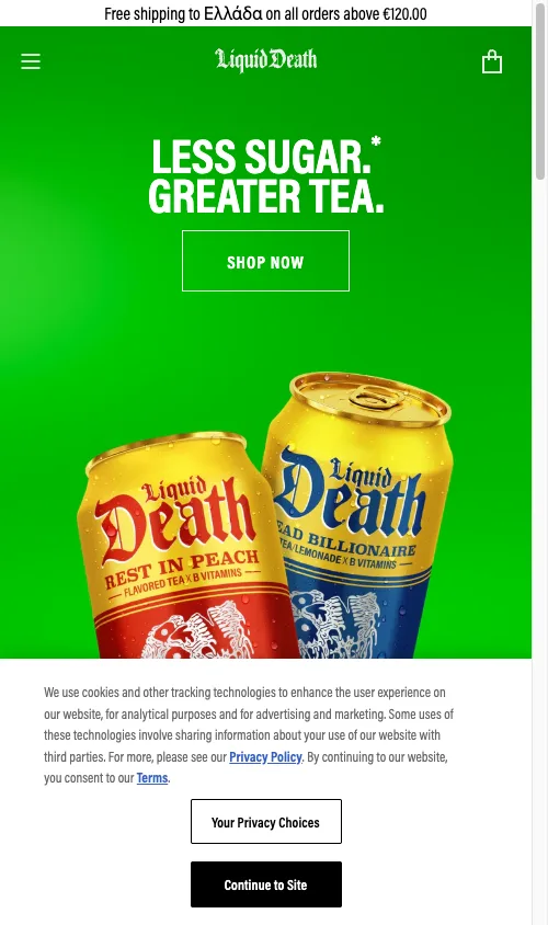 Shopify mobile homepage with a cookie consent banner blocking the bottom of the viewport and forcing extra taps before product browsing