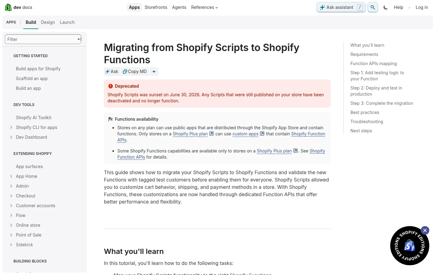 Shopify developer docs showing the deprecation notice: Shopify Scripts was sunset on June 30, 2026 and deactivated Scripts no longer function