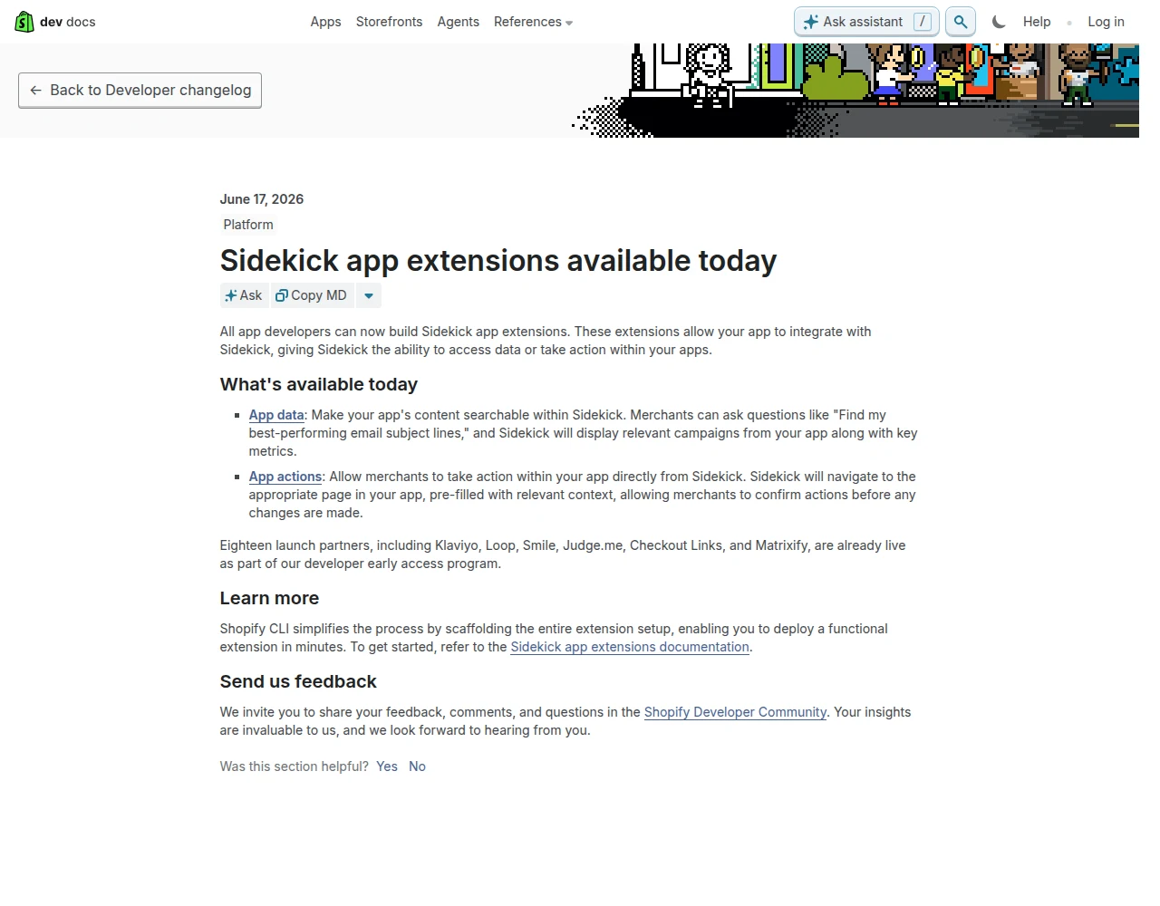 Shopify’s June 17, 2026 developer changelog announcing Sidekick app extensions, showing the App data and App actions capabilities and the eighteen launch partners (source: shopify.dev)