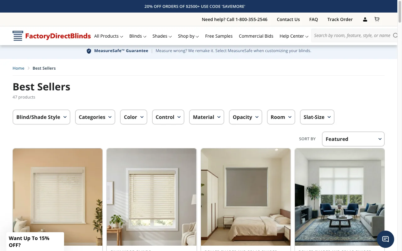 Factory Direct Blinds Shopify Best Sellers collection page after pagination at 24 products per page and lazy-loading every below-fold image