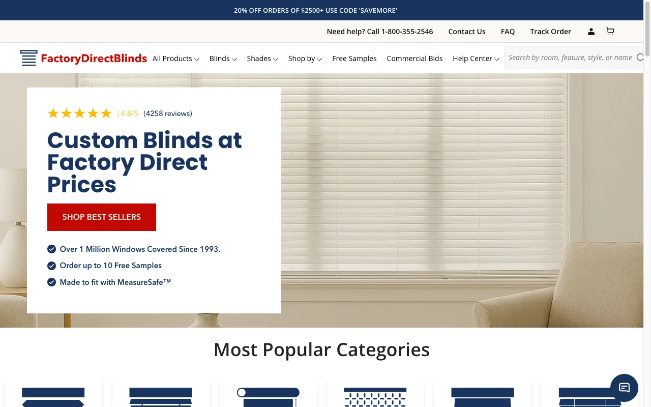 Factory Direct Blinds Shopify storefront homepage after the Liquid speed optimization sprint that moved mobile PageSpeed from 38 to 81