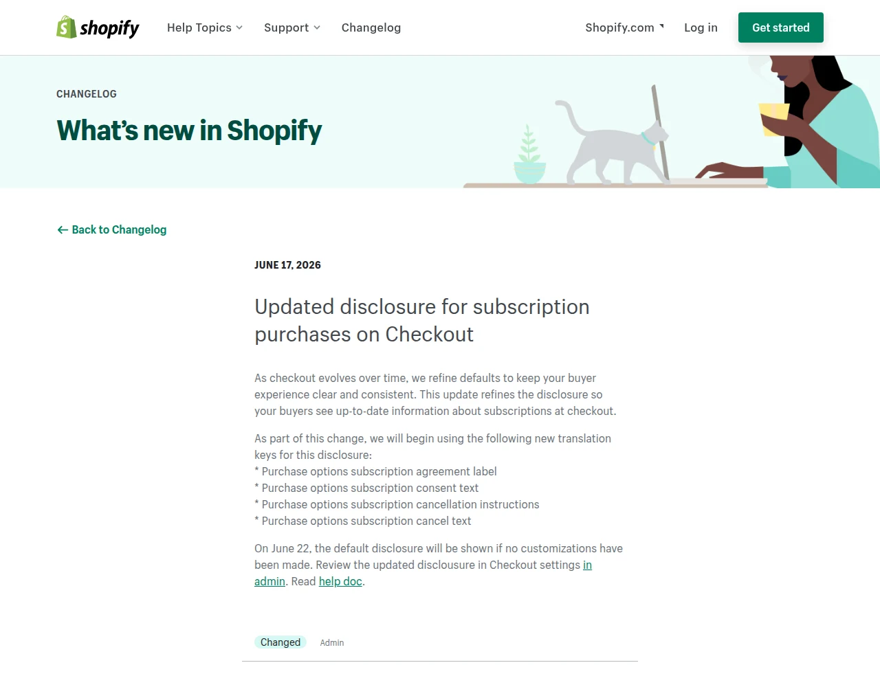 Shopify’s June 17, 2026 changelog confirming the updated subscription disclosure: four new translation keys, with the default shown on June 22 if no customisations are made (source: changelog.shopify.com)