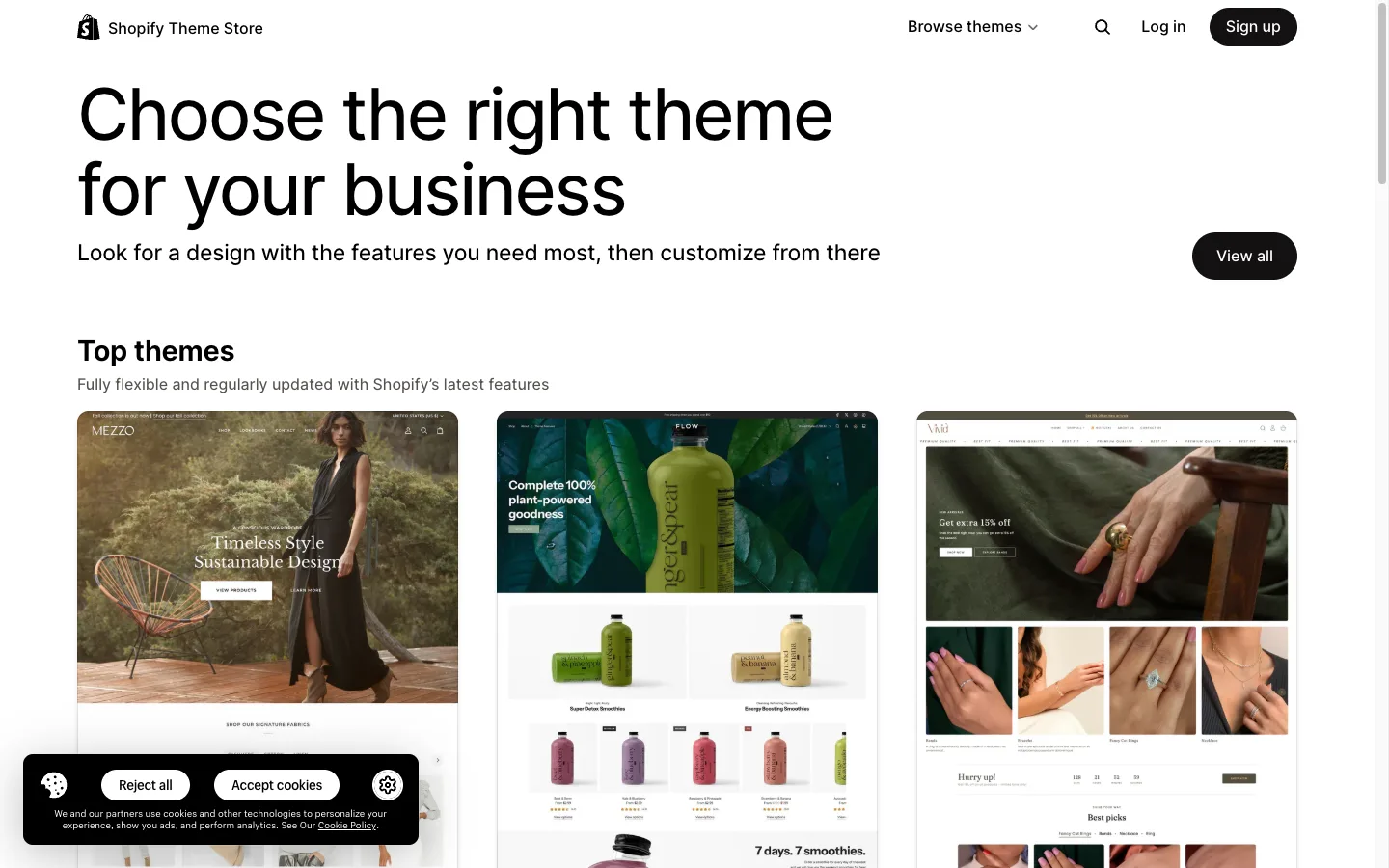 Shopify Theme Store marketplace where merchants choose and customize themes through the Online Store theme editor