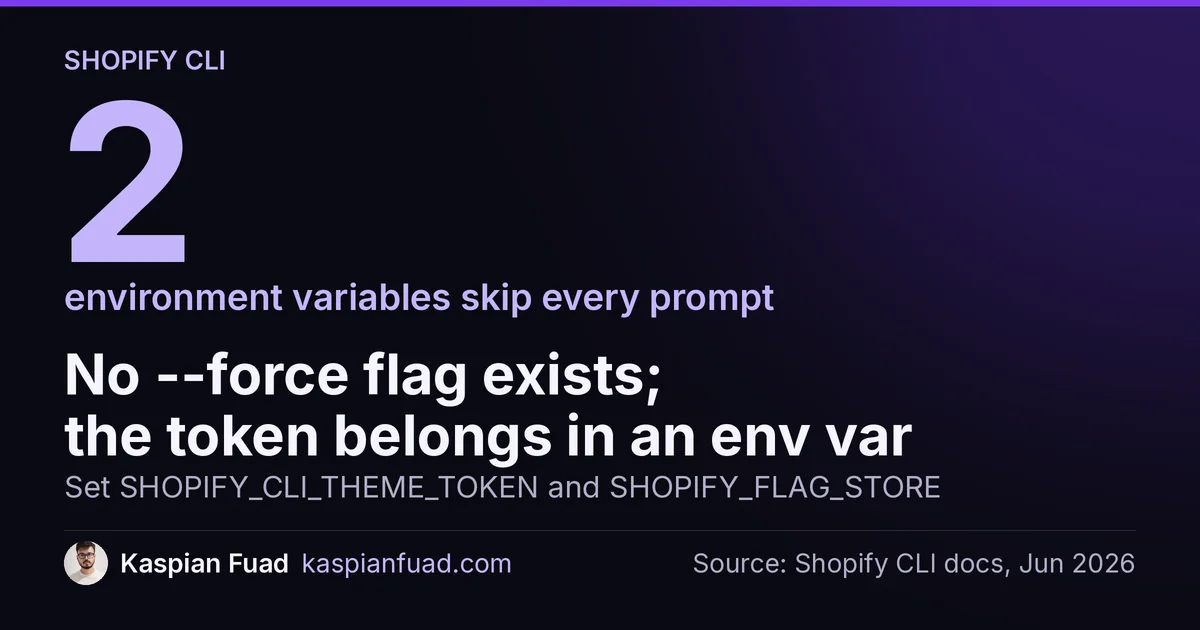 shopify theme dev runs with no prompts once 2 environment variables hold the store and the theme access token
