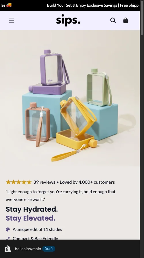 HelloSips Shopify water bottle DTC mobile homepage demonstrating the kind of crisp Shop Pay-ready storefront that wins AI agent recommendations and 1-tap checkout