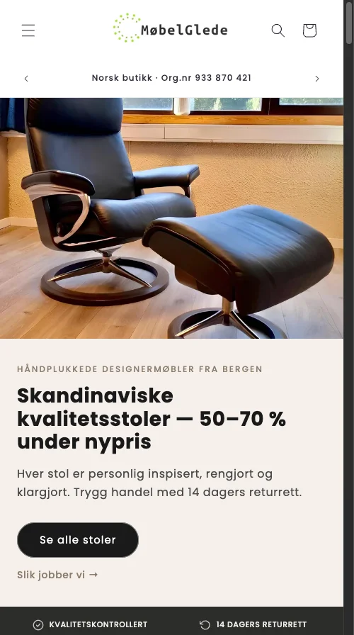 Mobelglede Norwegian furniture Shopify mobile homepage where every product card displayed an identical Salg sale badge before the savings percentage swap
