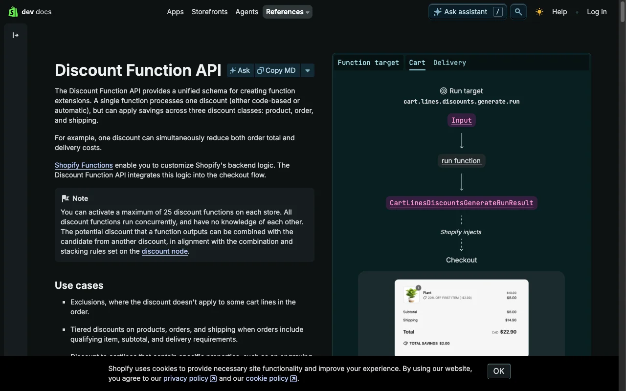 Shopify dev Functions Discount API documentation page covering the supported server-side discount path that replaces legacy Scripts for native bundle builders