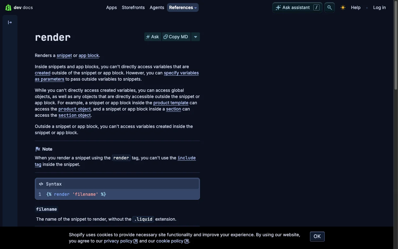 Shopify dev documentation page for the Liquid render tag covering the schema and product data primitives that AI shopping agents read