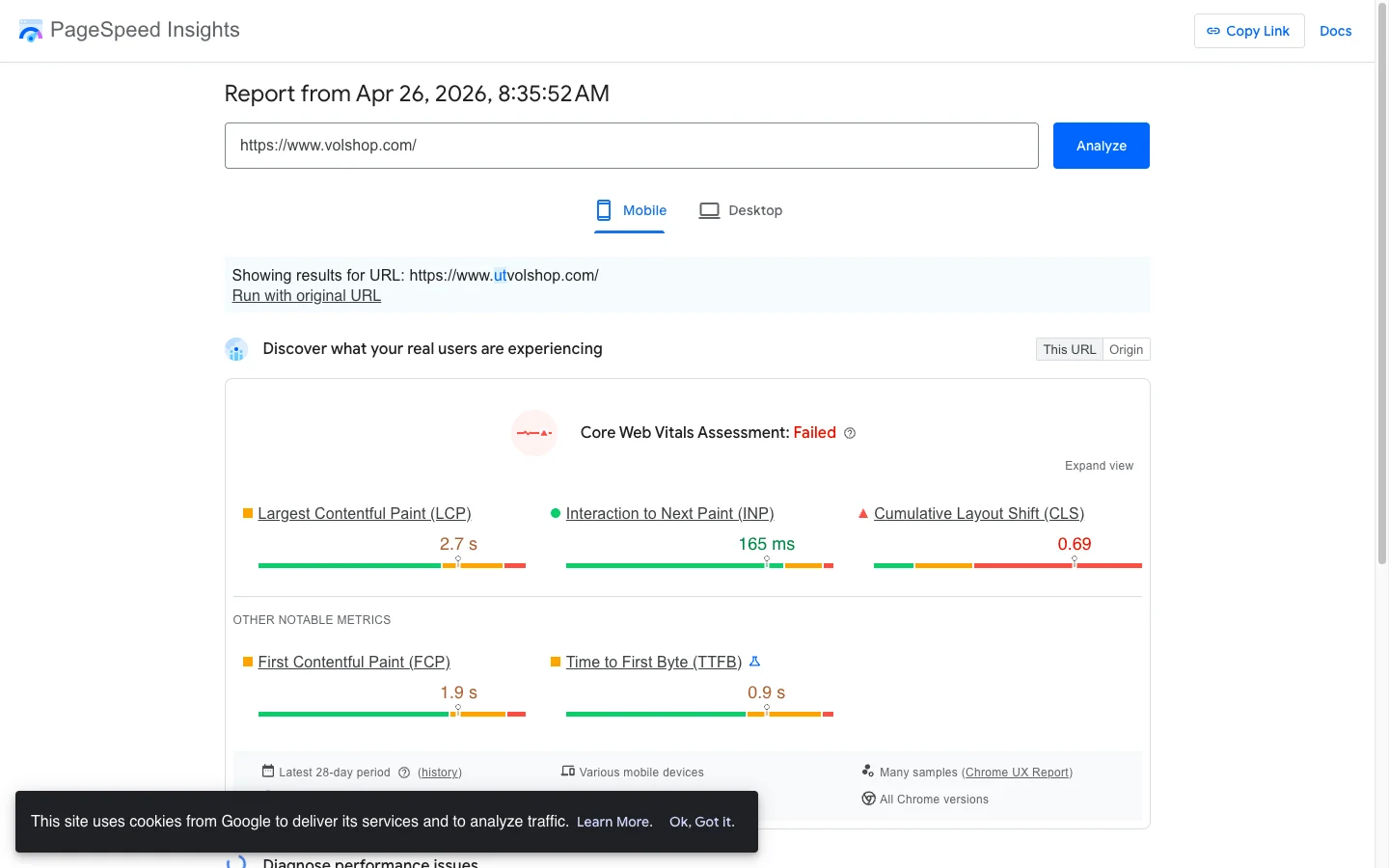 PageSpeed Insights showing a representative collegiate apparel Shopify store failing Core Web Vitals on mobile with severe CLS during peak season