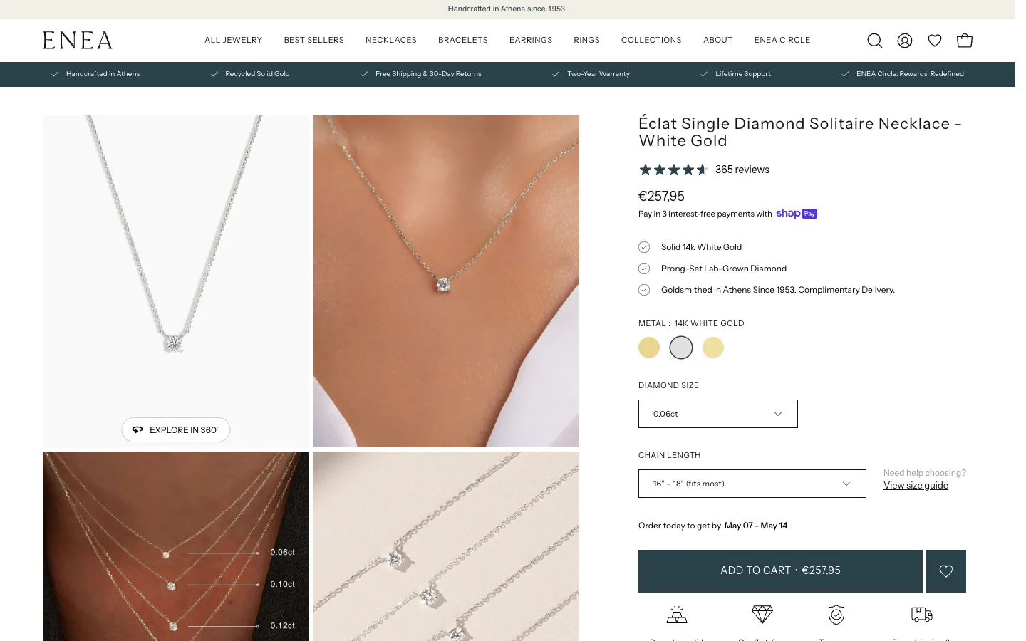Shopify variant image filtering after clicking 14k White Gold swatch - gallery automatically swaps to the linked merged product images via custom metafields