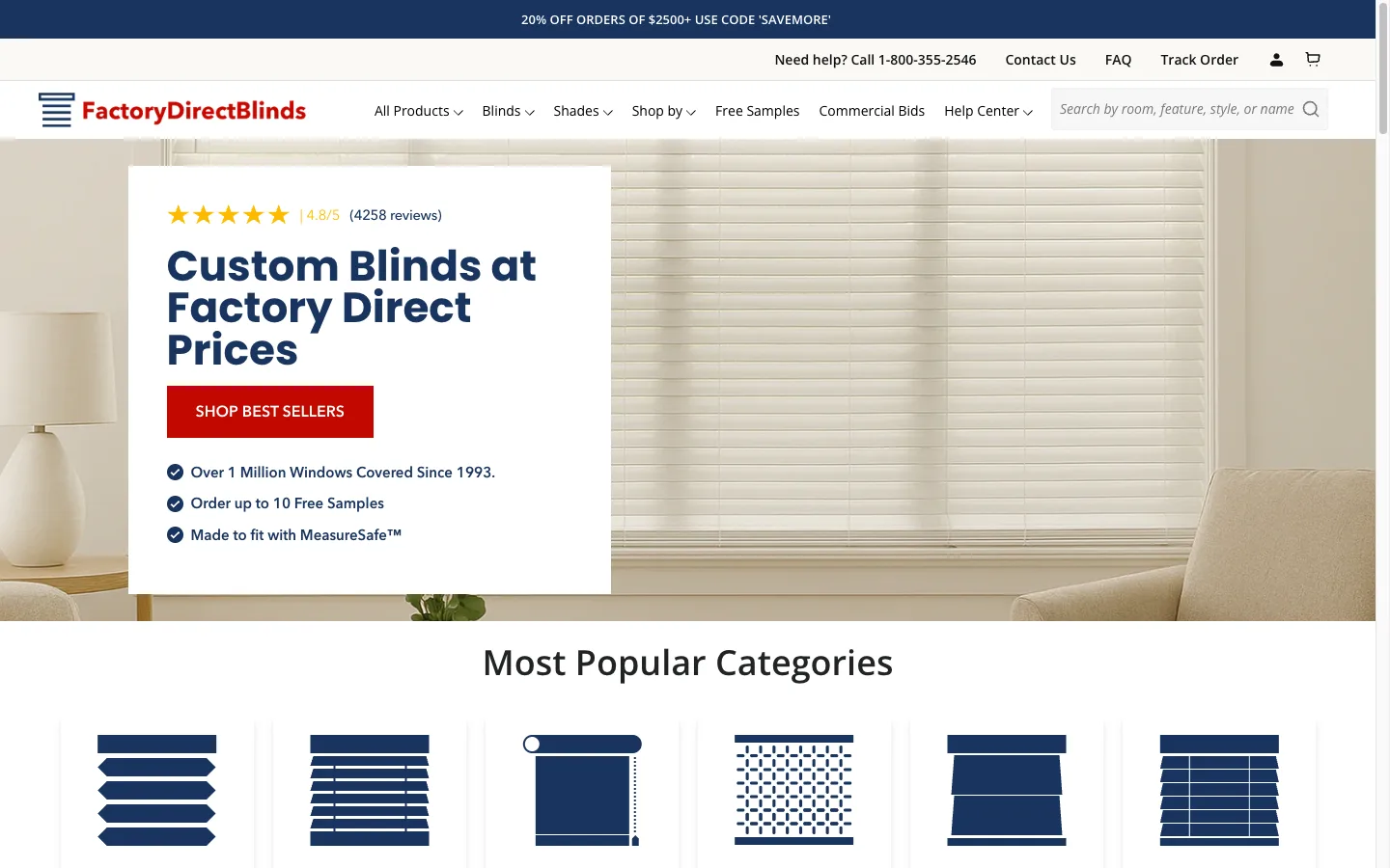 Factory Direct Blinds Shopify store homepage selling custom made-to-measure window blinds and shades to US customers