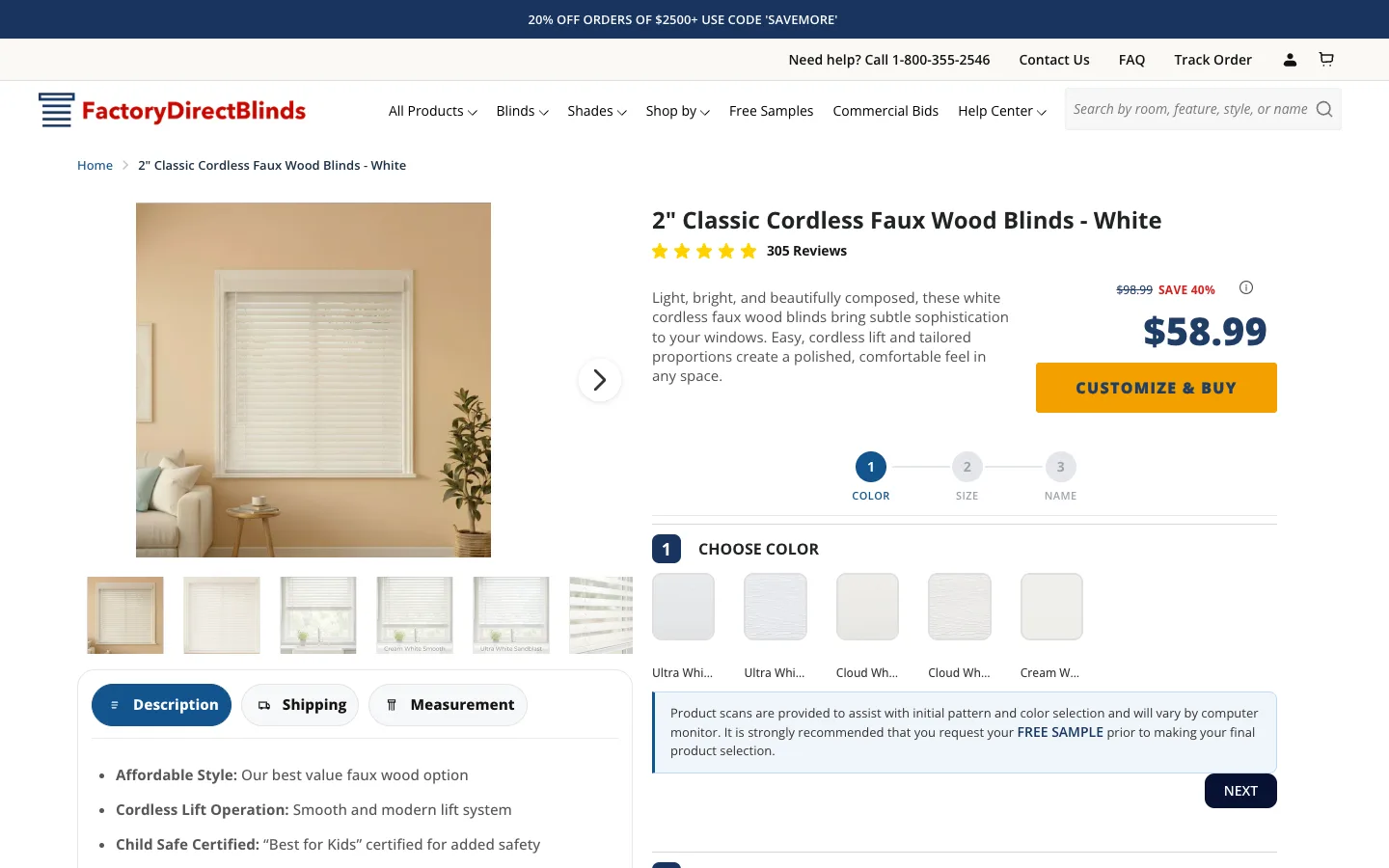 Shopify custom blinds product builder PDP where customers configure size, color, and mount type before add-to-cart