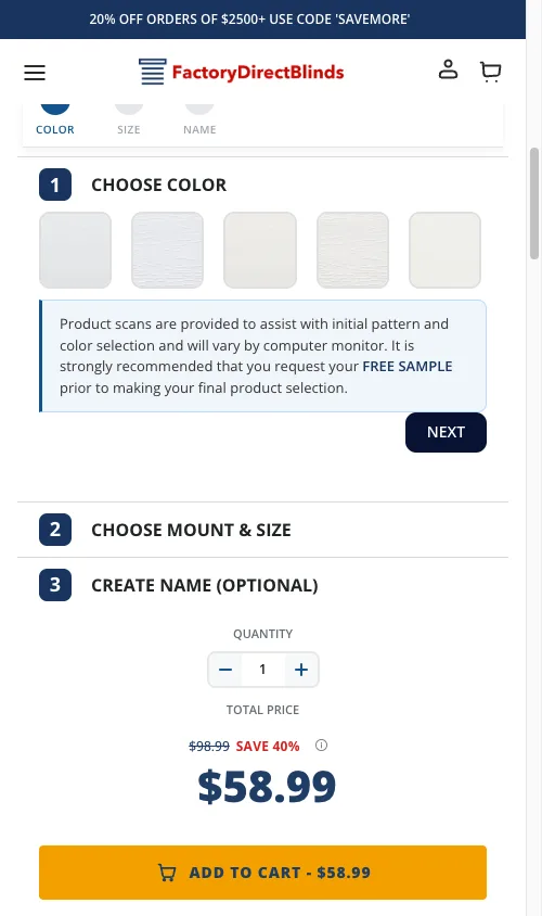 Shopify mobile product builder with 44px touch targets, single-column step-by-step flow for the made-to-measure blinds configurator