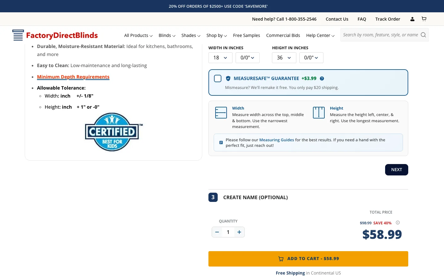 Shopify product builder window measurement input step where customers enter exact width and height for made-to-measure blinds