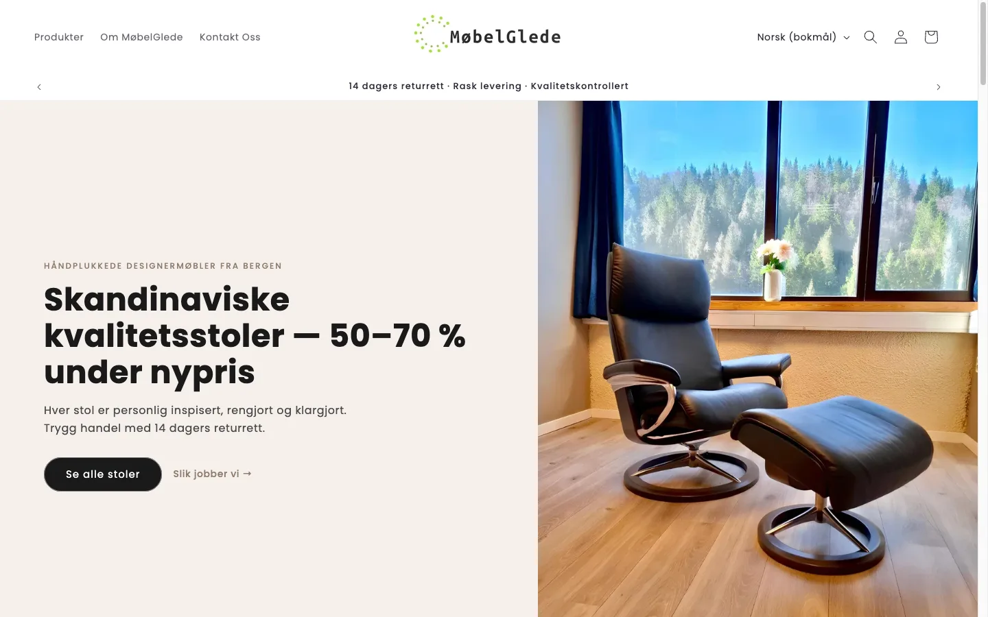 Scandinavian furniture marketplace Shopify homepage on Dawn Sense 2.2 selling premium vintage Stressless and Conform recliners