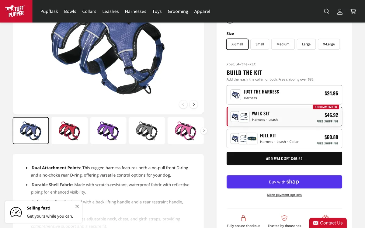 Tuff Pupper Tracker harness product page with the Build-the-Kit picker showing Just the Harness, Walk Set and Full Kit tiers, each with product thumbnails and free shipping labels