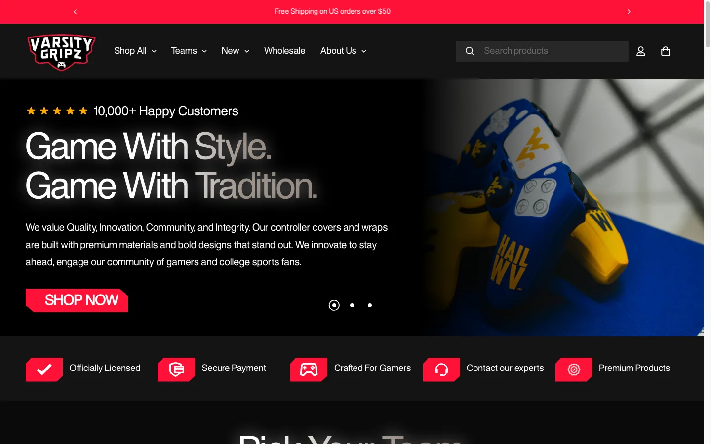 Varsity Gripz Shopify storefront selling PS5 and Xbox controller grips and console wraps after the brand-new launch build
