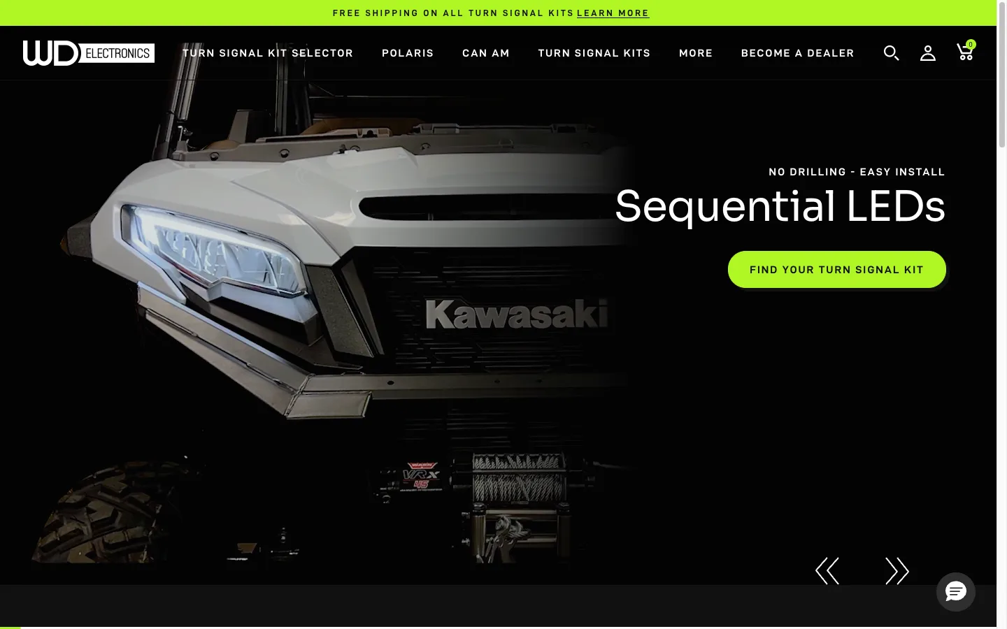 WD Electronics Shopify homepage selling UTV accessories, automotive parts and LED light kits to powersport enthusiasts